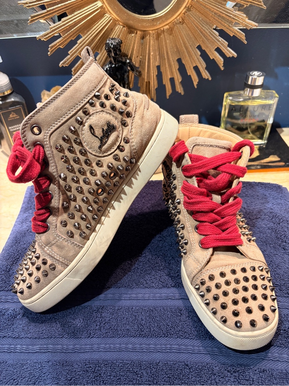 Christian Louboutin Beige Suede Spike High-Top Sneakers with Red Laces
